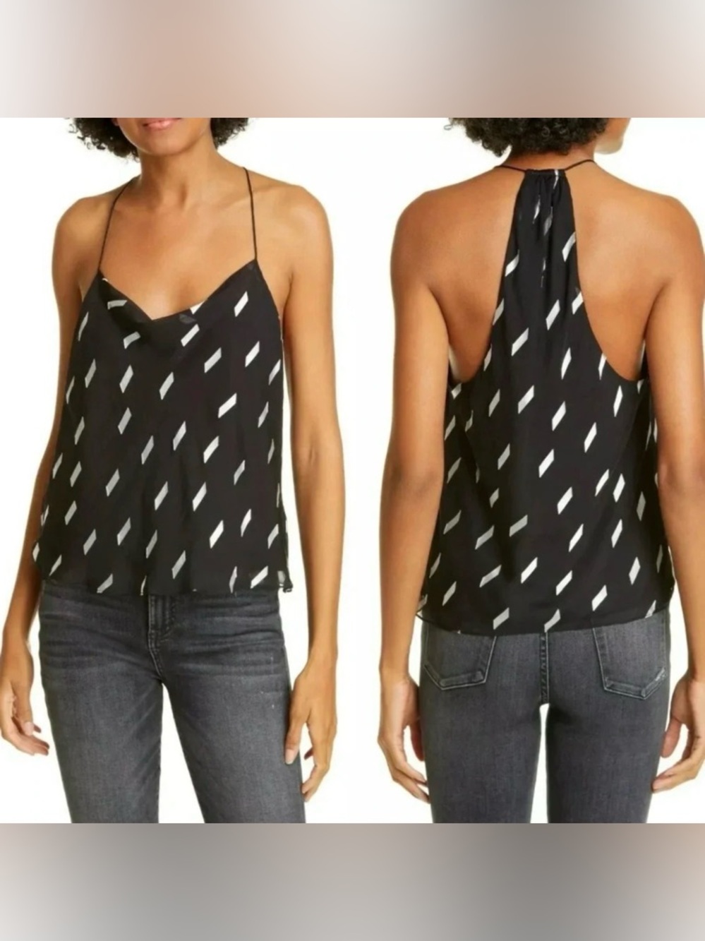 🌺 Alice + Olivia Harmon Black Silver Ribbon Silk Racerback Cami